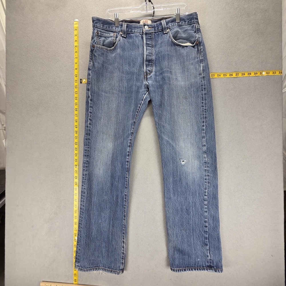 Levis 501 Jeans‎ Mens Blue Medium Wash Straight Button Fly Distressed Fits 34x32